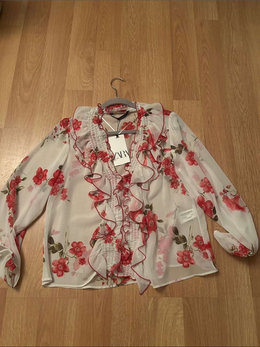 Zara White Sheer Floral Blouse with Ruffle Trim, NWT, M